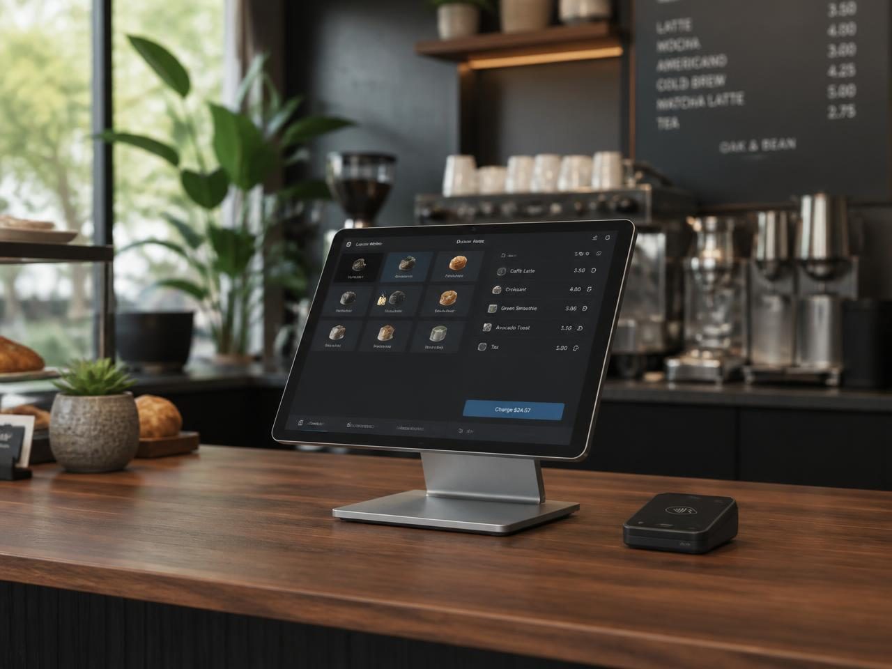 Cafe counter with a touchscreen point-of-sale terminal and card reader